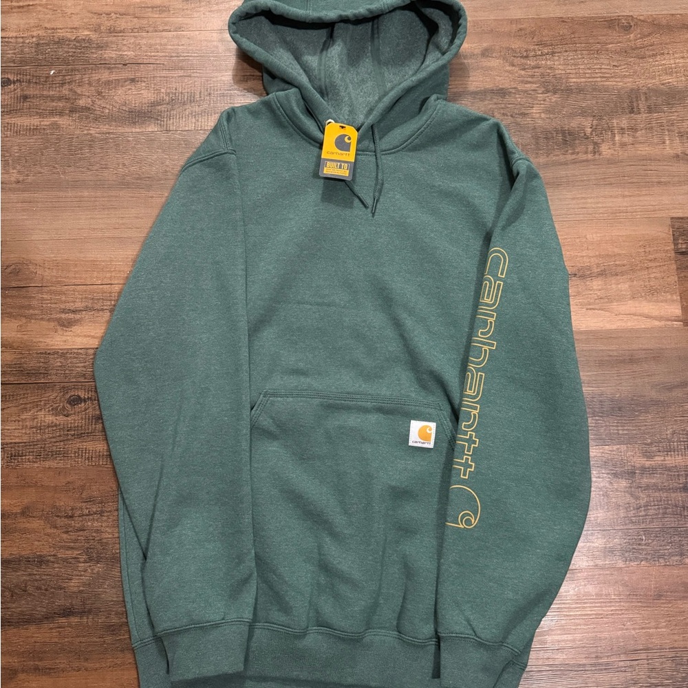 Carhartt Men's Forest Green Hoodie with Yellow Logo Loose fit M new with tags